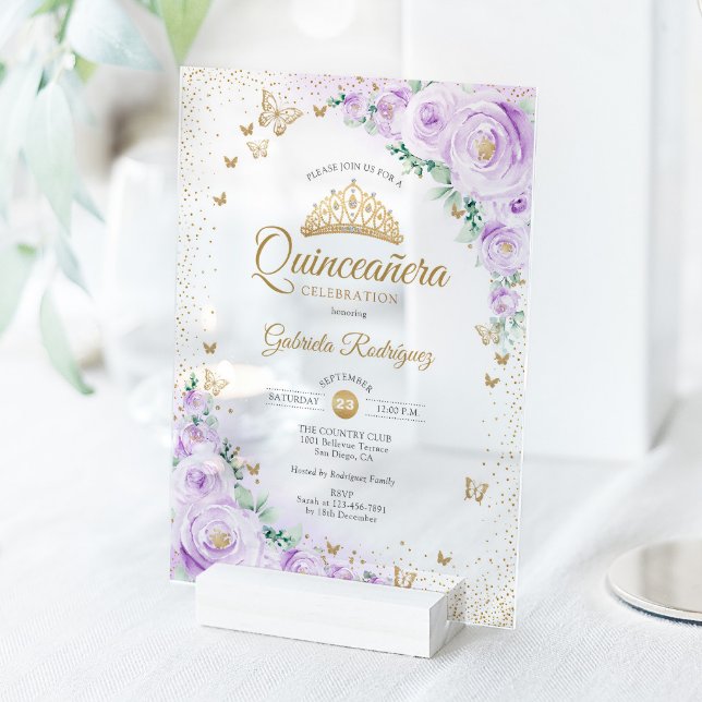 Invitations En Acrylique Watercolor Lavender Purple Floral Quinceanera (Créateur téléchargé)