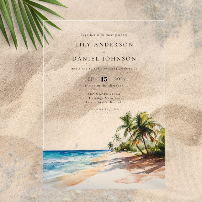 Invitations En Acrylique Watercolor Plage tropicale Destination Mariage (Watercolor Tropical Beach Destination Wedding Acrylic Invitations)