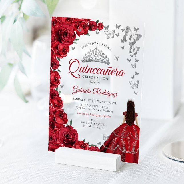 Invitations En Acrylique Watercolor Red Roses Silver Quinceanera (Créateur téléchargé)