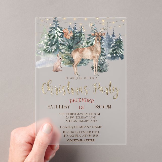 Invitations En Acrylique Watercolor  Reindeer,Forest Christmas Party   (In situ (ordinateur de poche))