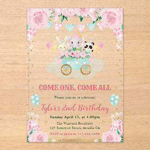 Invitations En Acrylique Watercolor Rose Circus Animaux Fête d'anniversaire