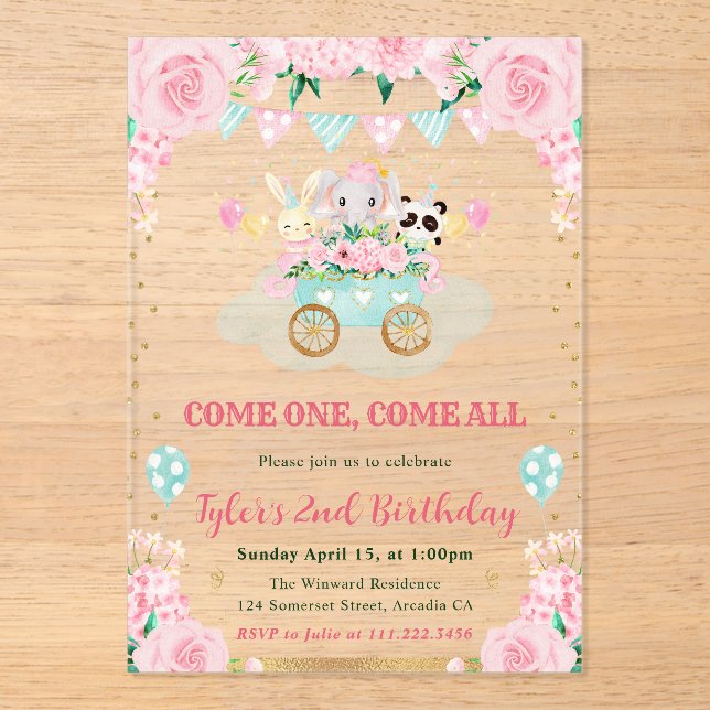 Invitations En Acrylique Watercolor Rose Circus Animaux Fête d'anniversaire (Recto)