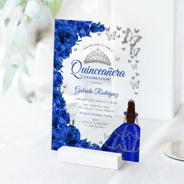 Invitations En Acrylique Watercolor Royal Blue Roses Silver Quinceanera (Créateur téléchargé)
