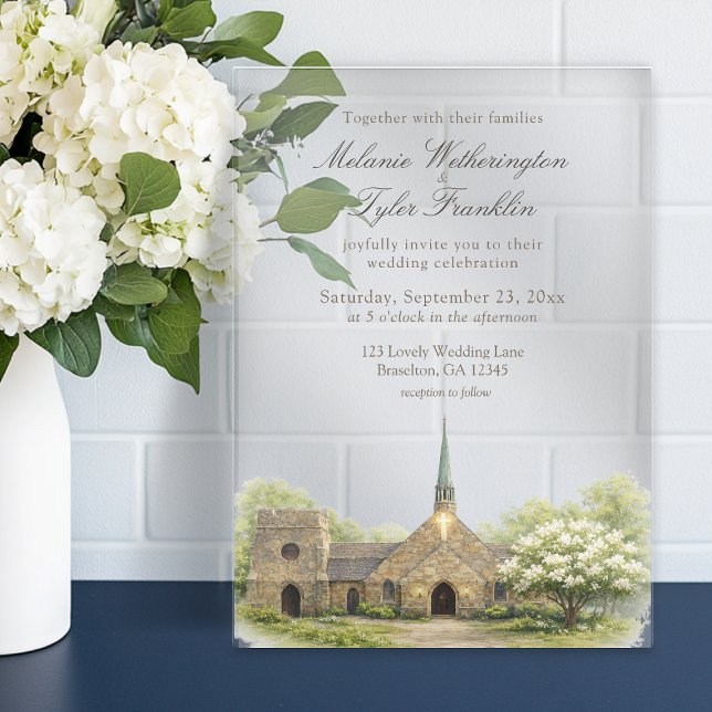 Invitations En Acrylique Watercolor Stone Chapel Summer Wedding (summer frost chapel, stone chapel acrylic wedding invite)