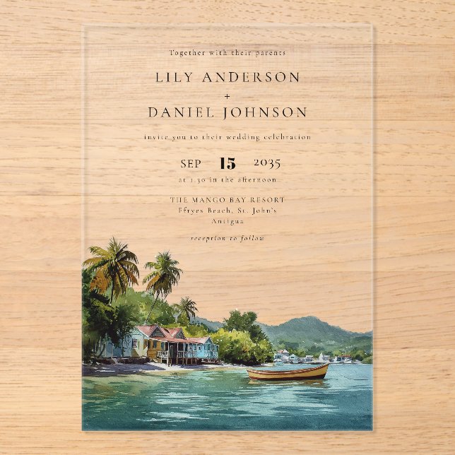 Invitations En Acrylique Watercolor Tropical Caribbean Destination Wedding (Recto)