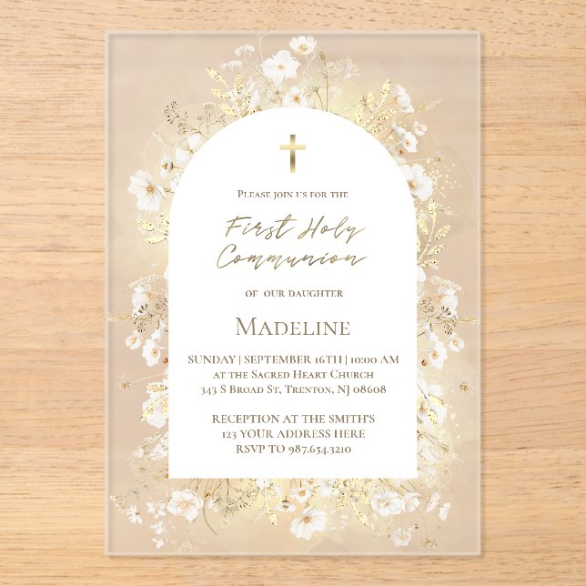 Invitations En Acrylique watercolor white yellow flowers First Communion (Recto)