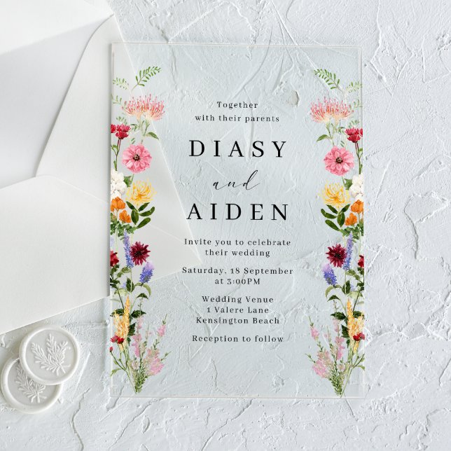 Invitations En Acrylique Watercolor Wildflowers Spring Summer Wedding  (Créateur téléchargé)