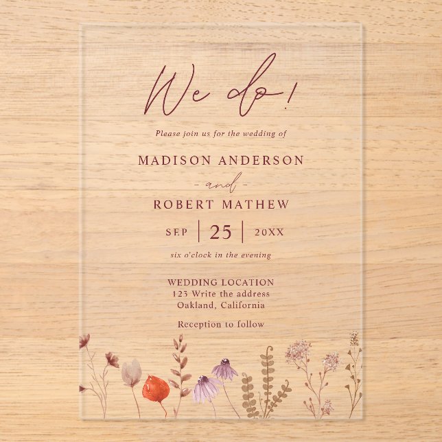 Invitations En Acrylique We Do! Boho Botanical Rustic Wildflower Wedding (Recto)