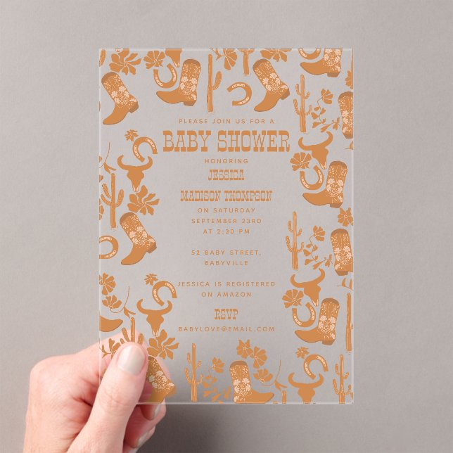 Invitations En Acrylique Western Earth Tone Country Boots Baby shower (In situ (ordinateur de poche))