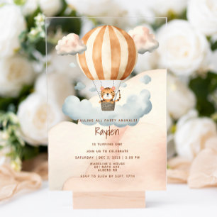 Invitations En Acrylique Whimsical Cute Tiger Hot Air ballon 1er Anniversai