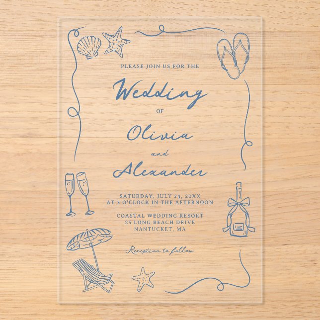Invitations En Acrylique Whimsical Hand Drawn Coastal Blue Beach Wedding (Recto)