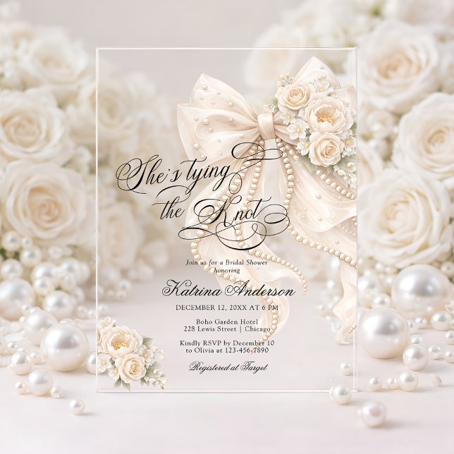 Invitations En Acrylique White Bow She's Tying the Knot Bridal Shower (Créateur téléchargé)