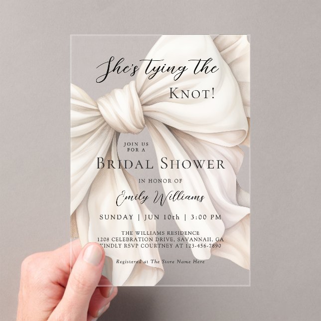Invitations En Acrylique White Bow She's Tying the Knot Fête des mariées (In situ (ordinateur de poche))