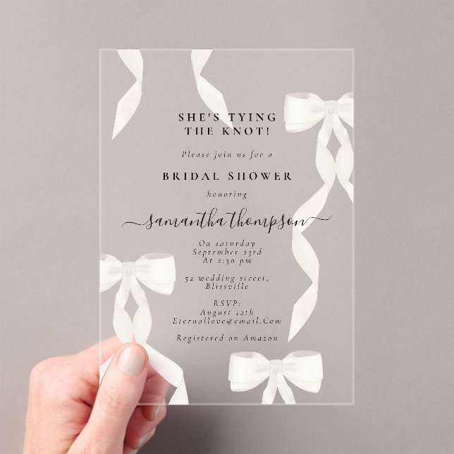 Invitations En Acrylique White Bow She's Tying the Knot Fête des mariées Pa (In situ (ordinateur de poche))