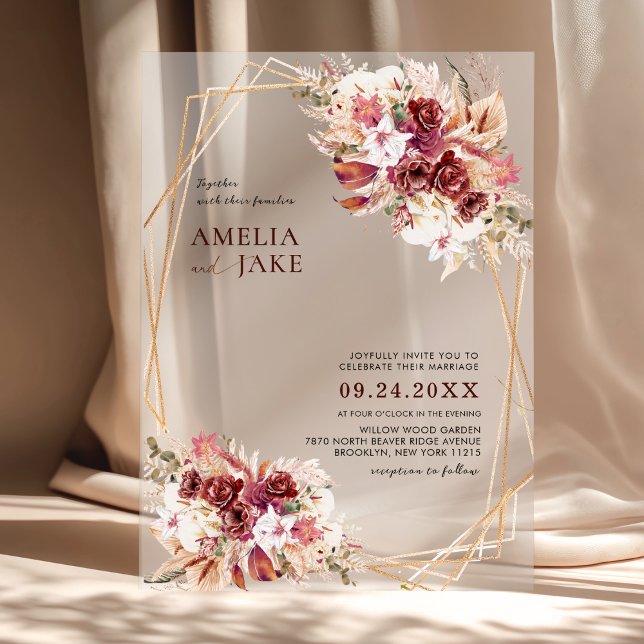 Invitations En Acrylique White & Burgundy Floral Gold Geometric Wedding (Créateur téléchargé)