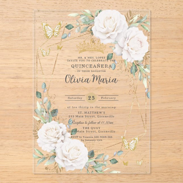 Invitations En Acrylique White Floral Butterflies Gold Quinceañera Quince (Recto)