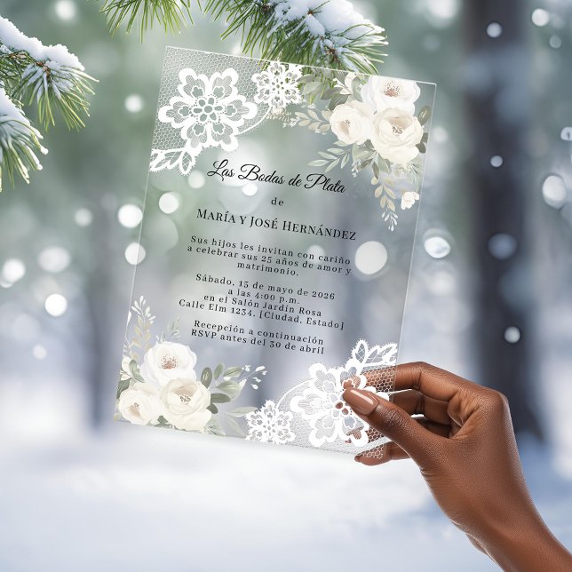 Invitations En Acrylique White Floral Lace Invitación Bodas de Plata (Créateur téléchargé)