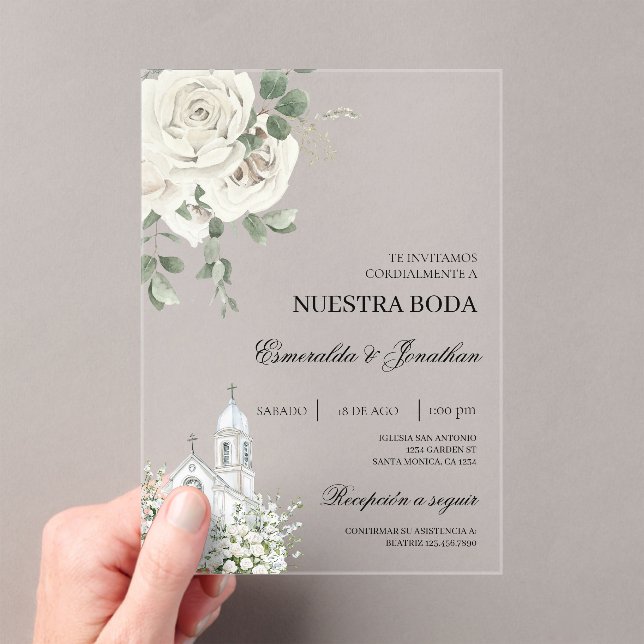 Invitations En Acrylique White Floral Spanish church Wedding acrylic (In situ (ordinateur de poche))