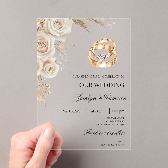 Invitations En Acrylique White Floral with ring Wedding (In situ (ordinateur de poche))