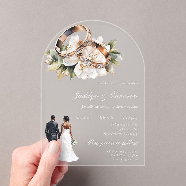 Invitations En Acrylique White Floral with ring Wedding (In situ (ordinateur de poche))