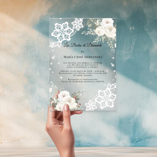 Invitations En Acrylique  White Florals Invitación Bodas de Diamante (Créateur téléchargé)