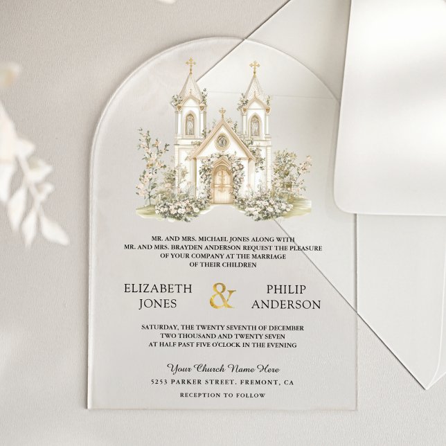 Invitations En Acrylique White Gold Catholic Church Wedding (Créateur téléchargé)