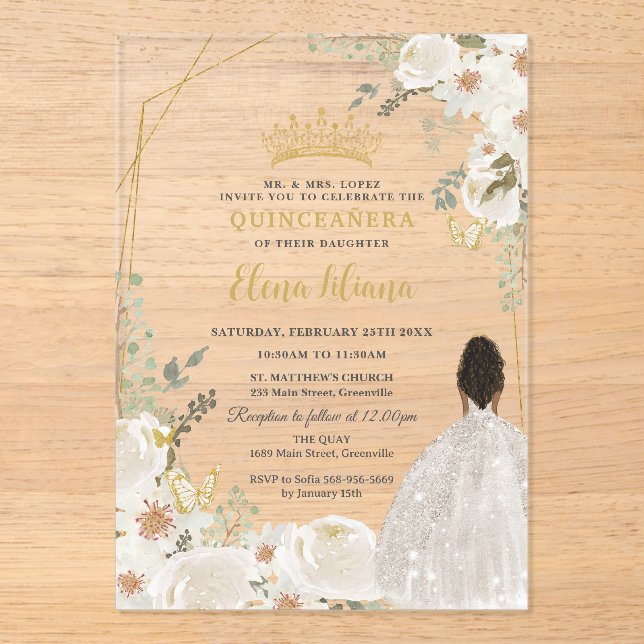Invitations En Acrylique White Ivory Floral Brown Princess Gold Quinceanera (Recto)