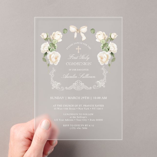 Invitations En Acrylique White Ivory Roses Frame First Holy Communion (In situ (ordinateur de poche))