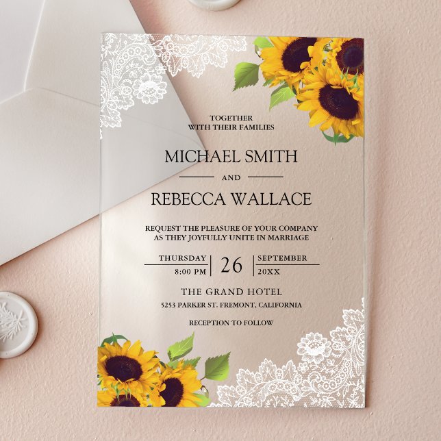 Invitations En Acrylique White Lace Sunflowers Wedding (Créateur téléchargé)