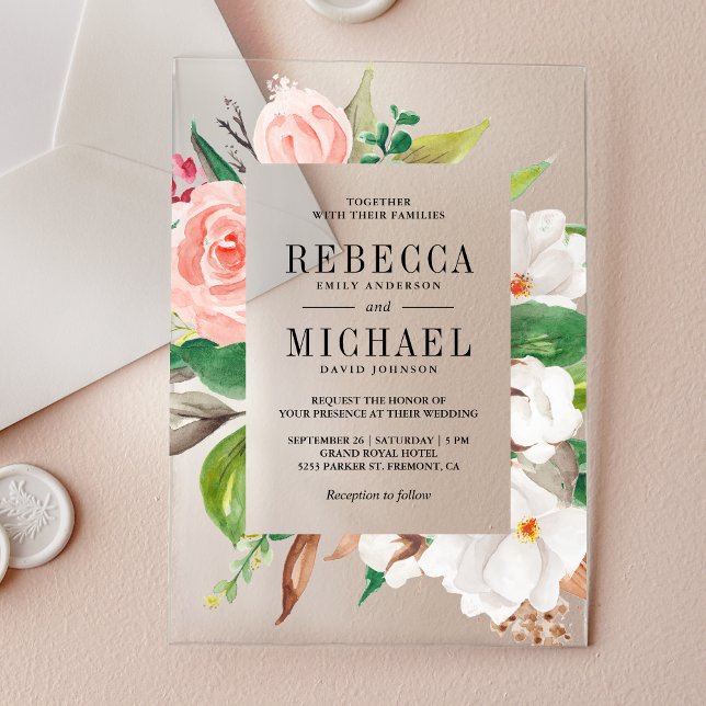 Invitations En Acrylique White Magnolia Pink Floral Wedding (Créateur téléchargé)