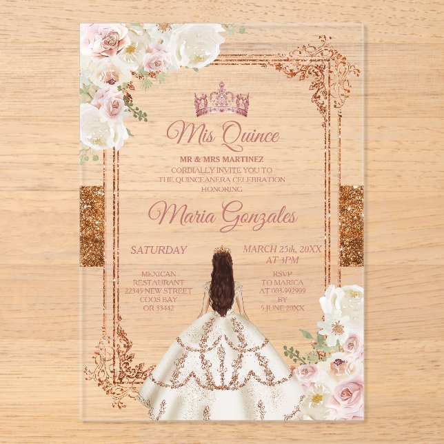 Invitations En Acrylique White Mis Quince Crown Rose Gold Quinceañera (Recto)