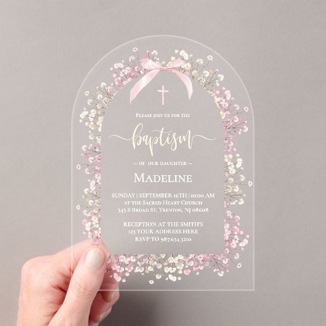 Invitations En Acrylique white pink flowers Baptism (In situ (ordinateur de poche))