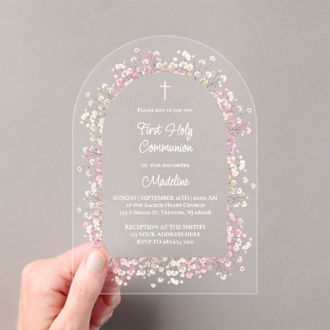 Invitations En Acrylique white pink flowers First Communion (In situ (ordinateur de poche))