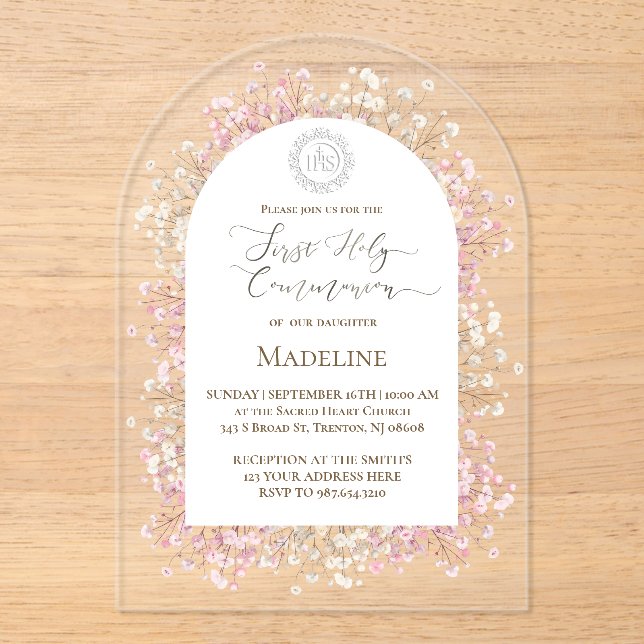 Invitations En Acrylique white pink flowers First Holy Communion (Recto)