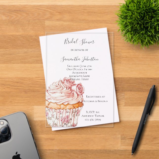 Invitations En Acrylique White Pink Roses Floral Cupcake Bridal Shower (Insitu (Carte d'invitation))