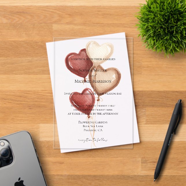 Invitations En Acrylique White Red Cream Heart Balloons Wedding (Insitu (Carte d'invitation))