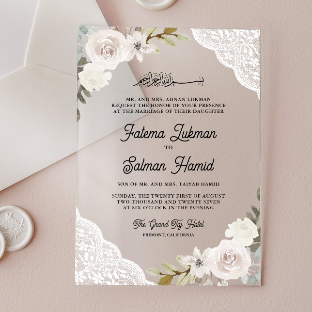 Invitations En Acrylique White Roses Lace Islamic Muslim Wedding (Créateur téléchargé)