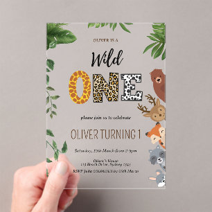 Invitations En Acrylique Wild One animal en lettres vert 1er anniversaire