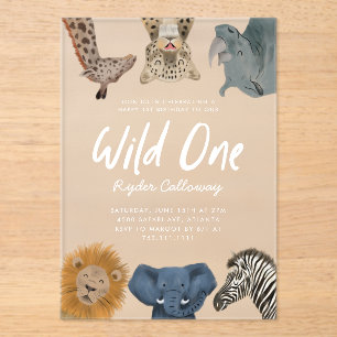 Invitations En Acrylique Wild One Safari Animaux Garçon fête d'anniversaire