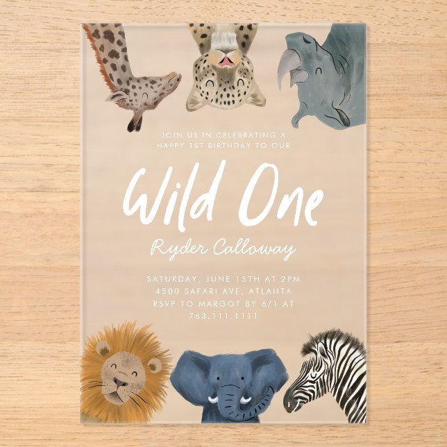 Invitations En Acrylique Wild One Safari Animaux Garçon fête d'anniversaire (Recto)