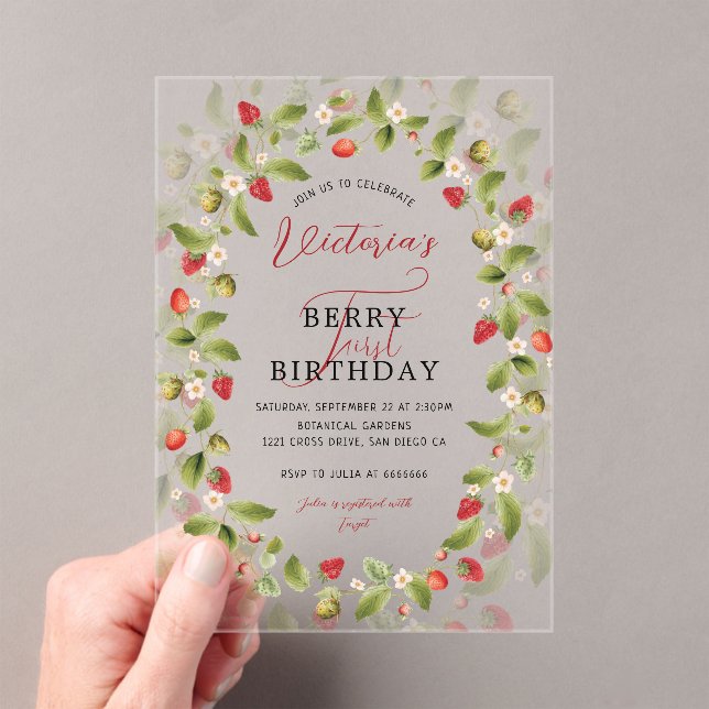 INVITATIONS EN ACRYLIQUE WILD STRAWBERRY SWEET BABY BIRTHDAY (In situ (ordinateur de poche))