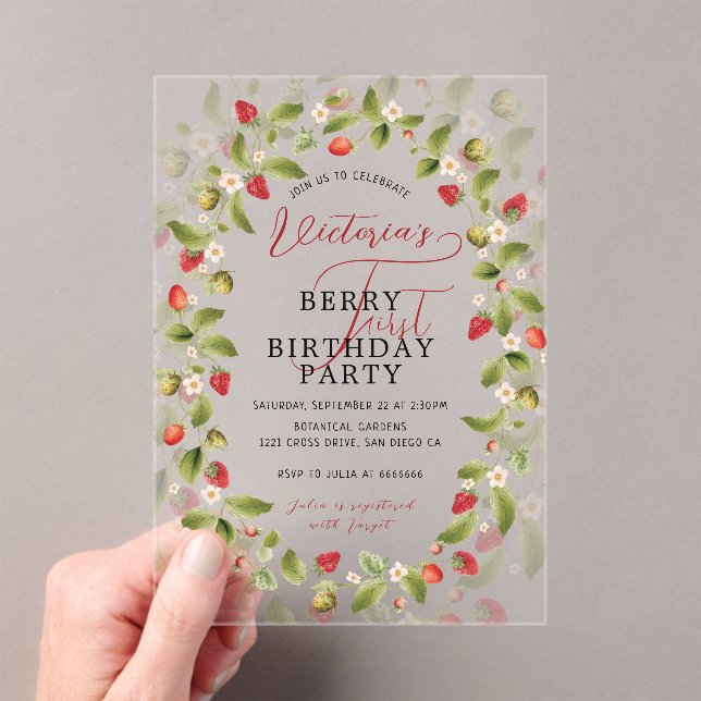 INVITATIONS EN ACRYLIQUE WILD STRAWBERRY SWEET BABY BIRTHDAY (In situ (ordinateur de poche))