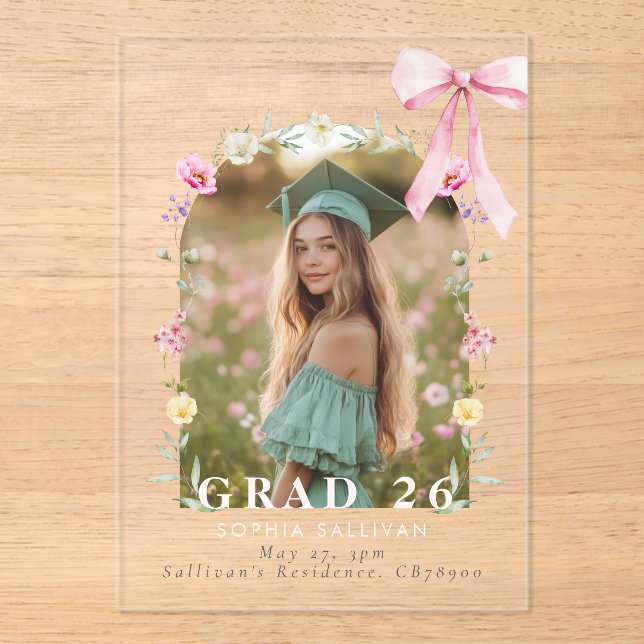 Invitations En Acrylique Wildflower Bow Graduation party Photo Collage (Recto)