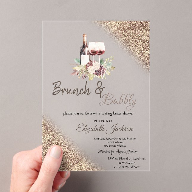 Invitations En Acrylique Wine Grapes Glitter Bokeh Brunch & Bubbly  (In situ (ordinateur de poche))