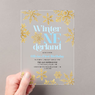 Invitations En Acrylique Winter Onederland Bleu Or Flocon de Neige 1er Anni