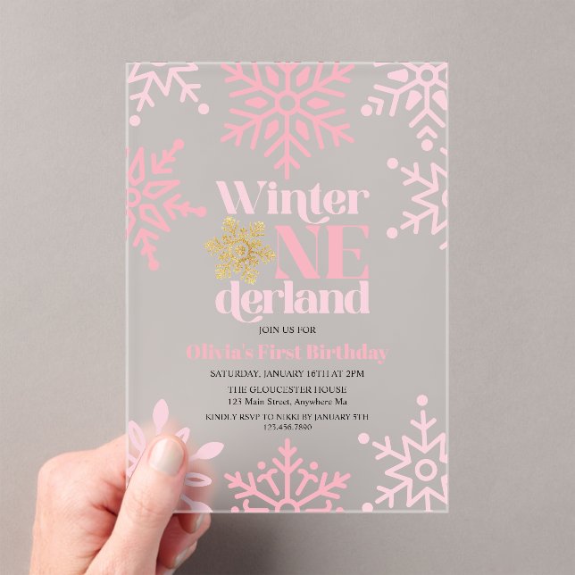 Invitations En Acrylique Winter Onederland Pink Gold Snowflake 1er annivers (In situ (ordinateur de poche))