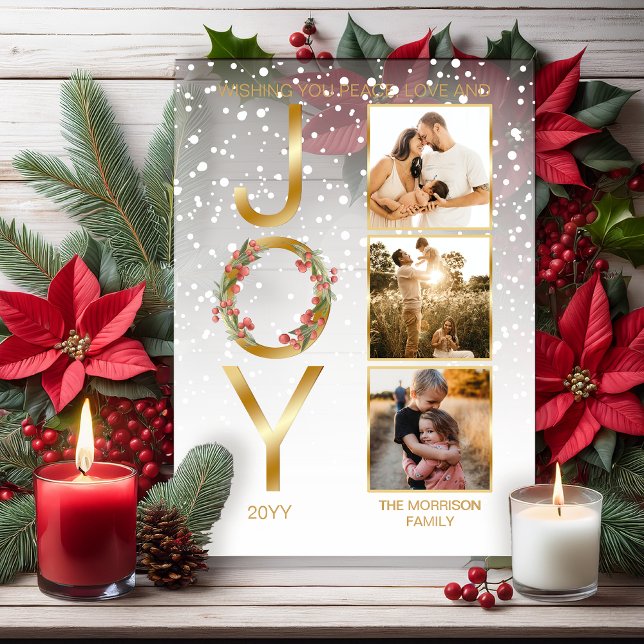 Invitations En Acrylique Wishing You Peace Love and Joy 3 Photo Christmas ("Wishing You Peace, Love and Joy" Christmas Holiday Three-Photo Family | Business Acrylic Card)