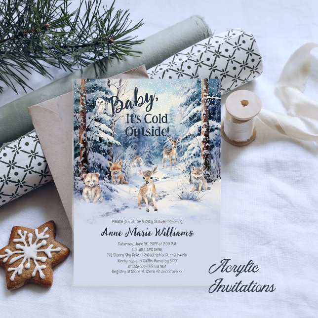 Invitations En Acrylique Woodland Baby Animals Winter Boy Baby Shower (Baby, It's Cold Outside Woodland Animals Blue Boy Baby Shower Acrylic Invitations)