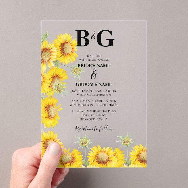 Invitations En Acrylique Yellow Aquarelle tournesol Monogramme Mariage (In situ (ordinateur de poche))