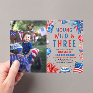 Invitations En Acrylique Young Wild et Three 4 Juillet 3 Anniversaire